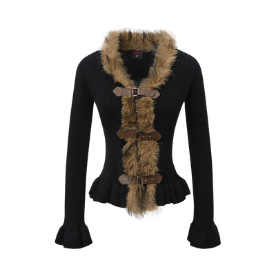 Buckled Fur | Knit Cardigan with Faux Trim - Santo 
