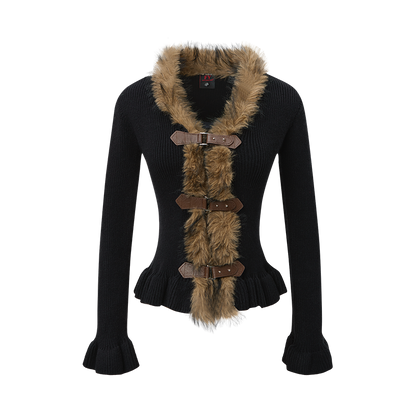 Buckled Fur | Knit Cardigan with Faux Trim - Santo 