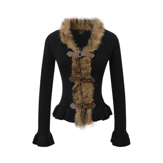 Buckled Fur | Knit Cardigan with Faux Trim - Santo 