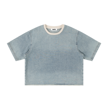 Unisex Vintage Wash Boxy Raw Hem Denim T-Shirt