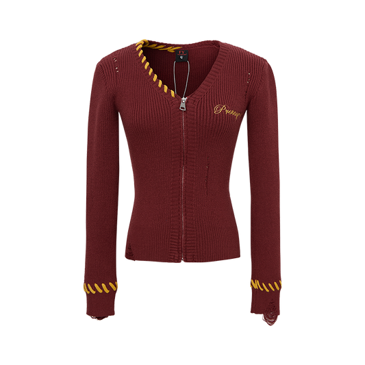 Varsity Twist | Zip-Up Ribbed Knit Cardigan