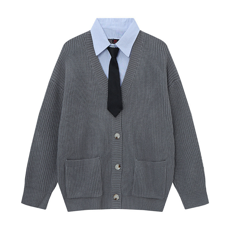 Prep Layer | Knit Cardigan with Shirt & Tie Detail