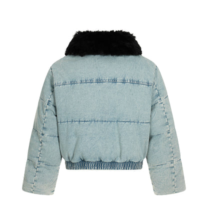 Denim Flare | Faux Fur Collar Bomber Jacket - Santo 