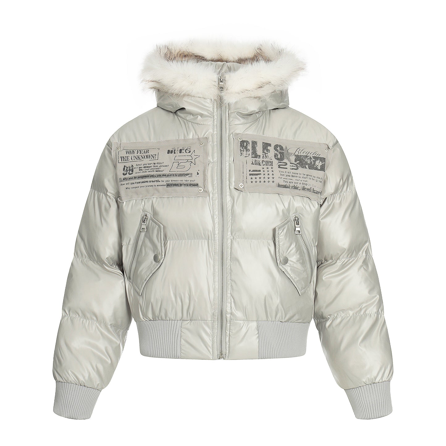 Frost Petal | Embroidered Satin Puffer Jacket