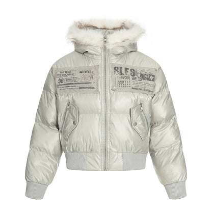 Frost Petal | Embroidered Satin Puffer Jacket