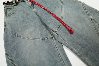 Denim Retro Belt Detail | Patchwork Barrel Jeans
