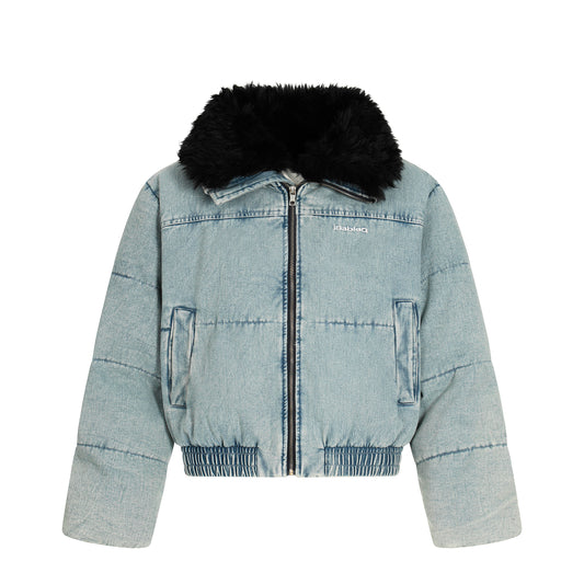 Denim Flare | Faux Fur Collar Bomber Jacket - Santo 