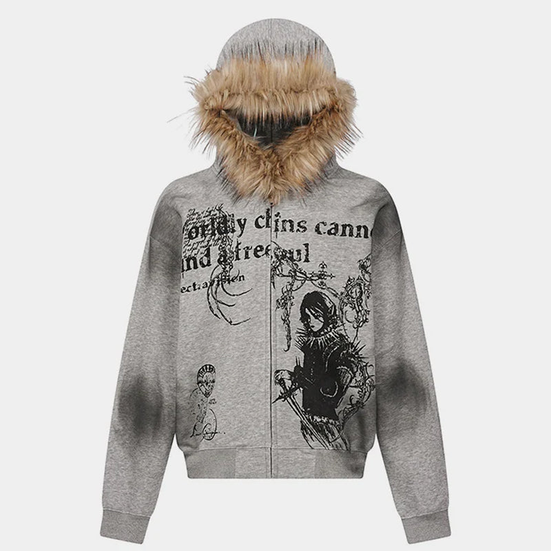 Gothic Distressed Print | Zip-Up Hoodie - Santo 