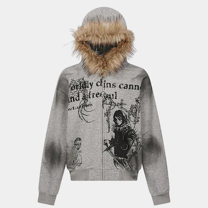Gothic Distressed Print | Zip-Up Hoodie - Santo 