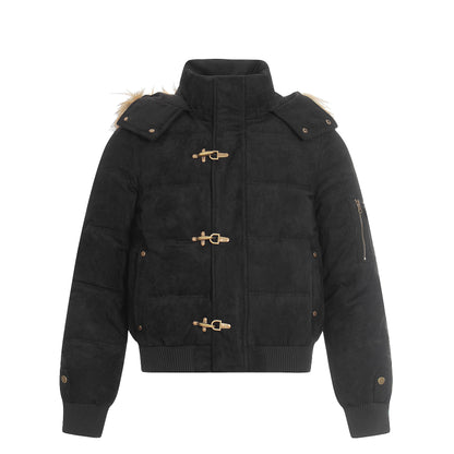 Alpine Buckle | Toggle-Front Faux Suede Puffer