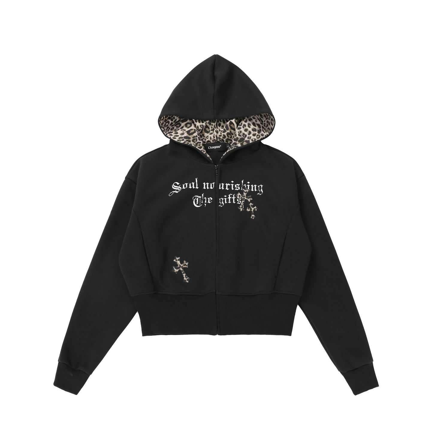 CrossCharm | Gothic Zip Hoodie with Leopard Lining