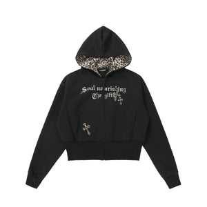 CrossCharm | Gothic Zip Hoodie with Leopard Lining