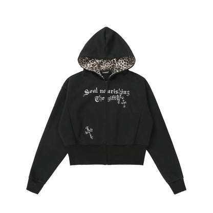 CrossCharm | Gothic Zip Hoodie with Leopard Lining