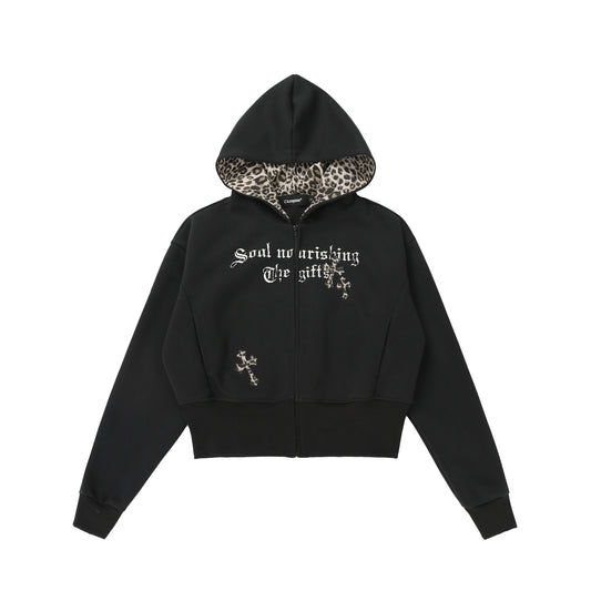 CrossCharm | Gothic Zip Hoodie with Leopard Lining