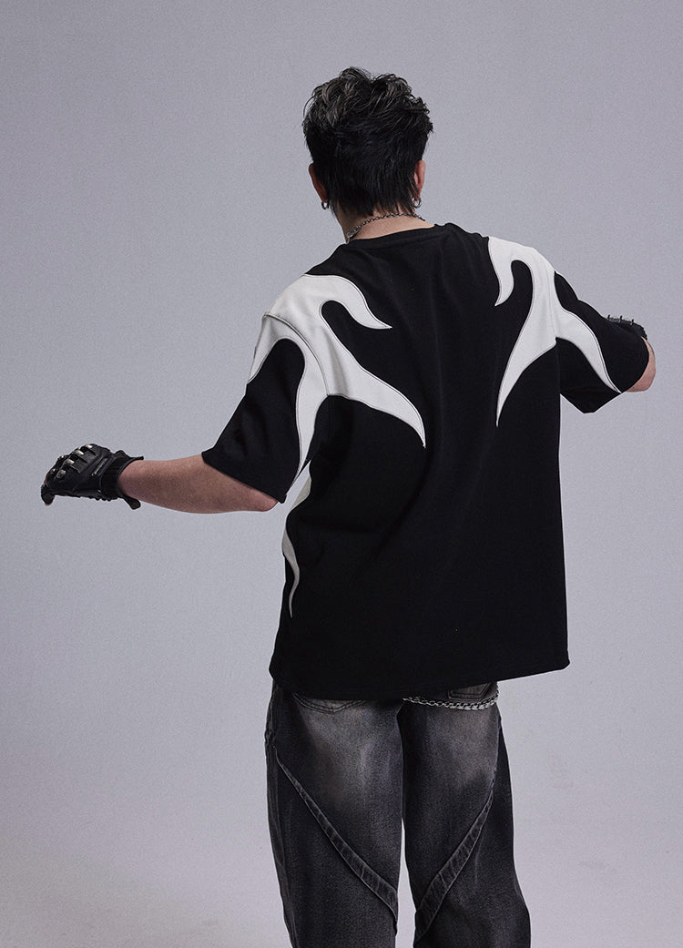 "Flame Embroidery Patchwork" T Shirt - Santo 