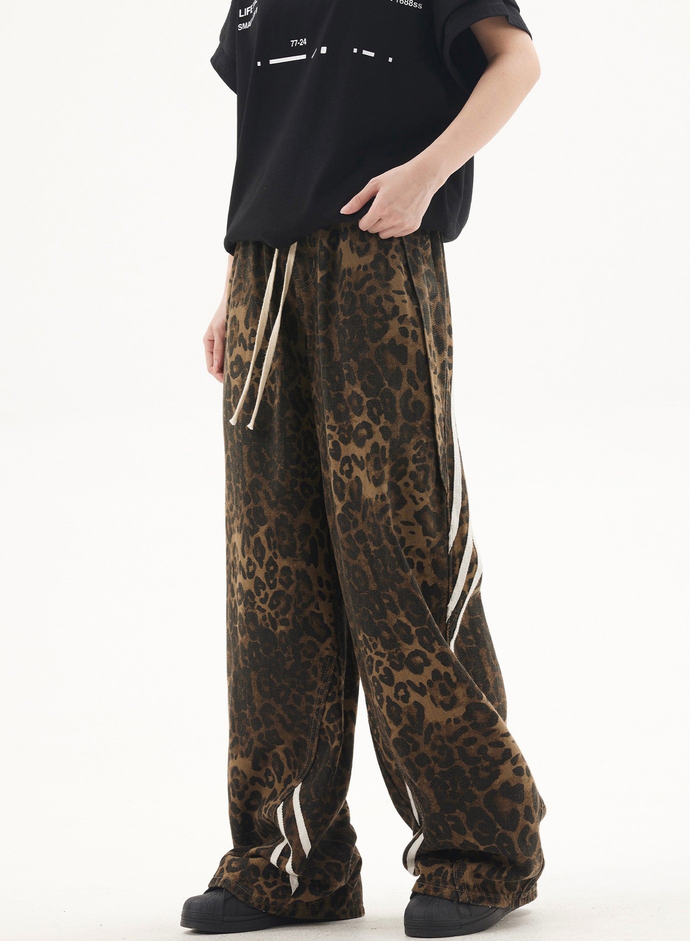 "Drawstring Stripe Leopard" Jeans - Santo 