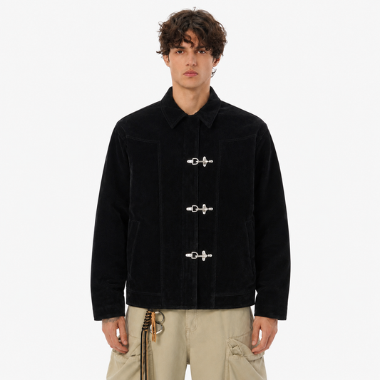 Retro Unique Metal Button Lapel Suede Bomber Jacket - Santo 