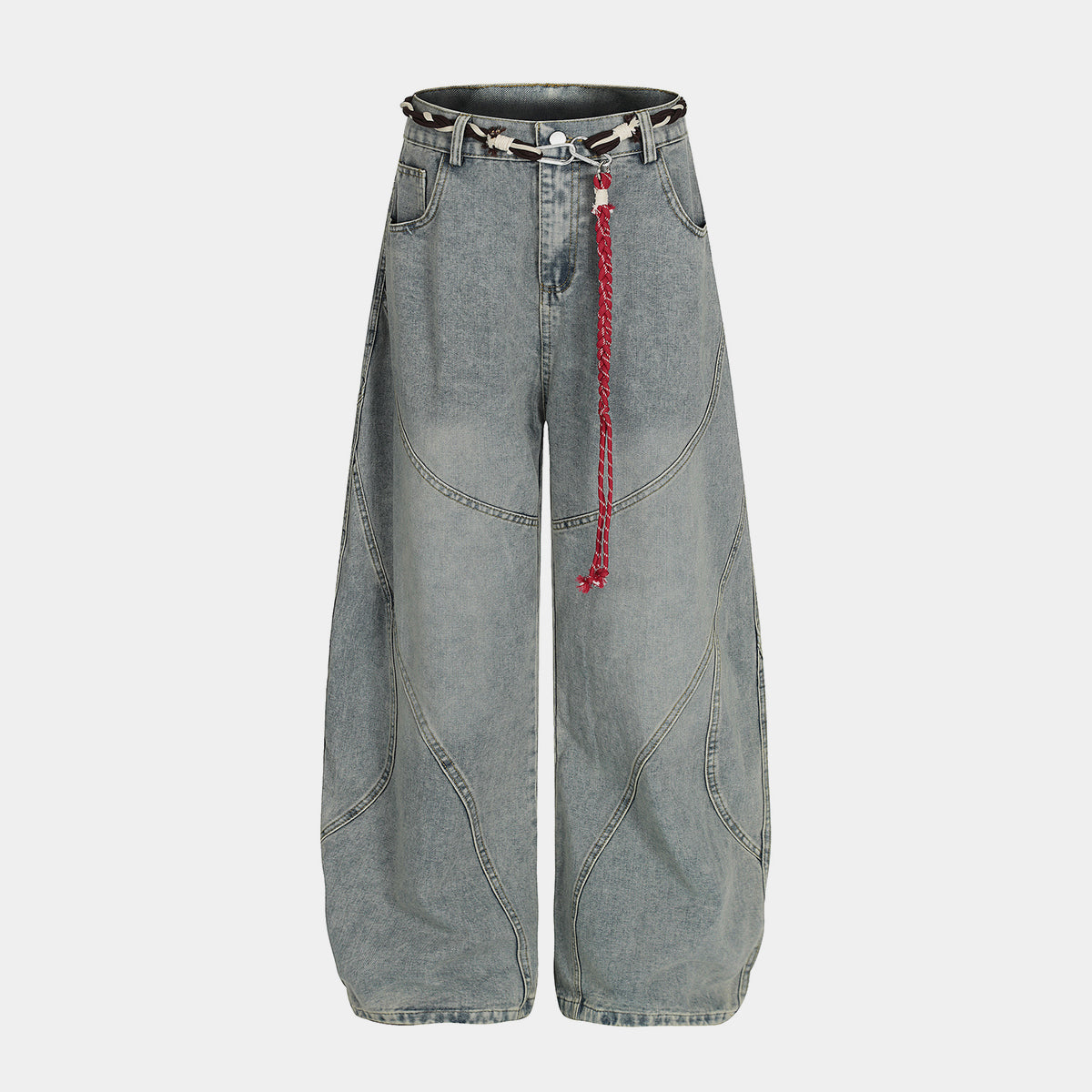 Denim Retro Belt Detail | Patchwork Barrel Jeans