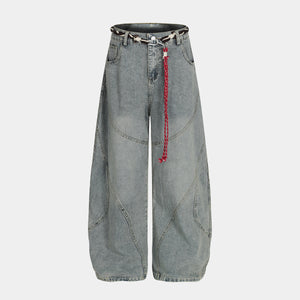 Denim Retro Belt Detail | Patchwork Barrel Jeans