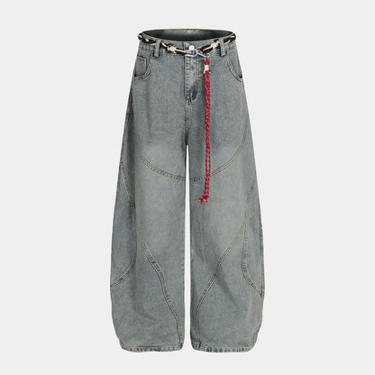 Denim Retro Belt Detail | Patchwork Barrel Jeans