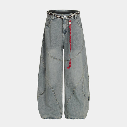 Denim Retro Belt Detail | Patchwork Barrel Jeans