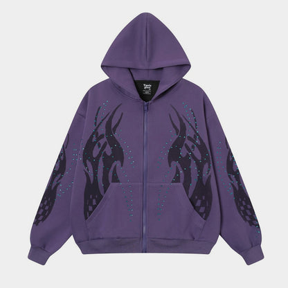 Flame Rhinestone | Y2K Zip-Up Hoodie - Santo 
