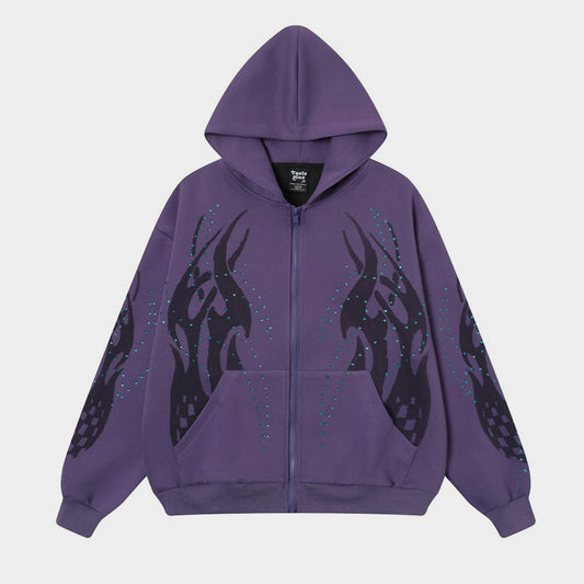 Flame Rhinestone | Y2K Zip-Up Hoodie - Santo 