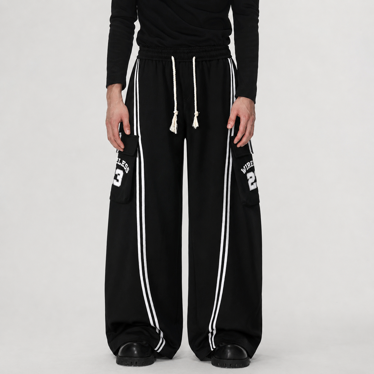 Cotton Web Stitching Letter Print Drawstring Barrel Pants
