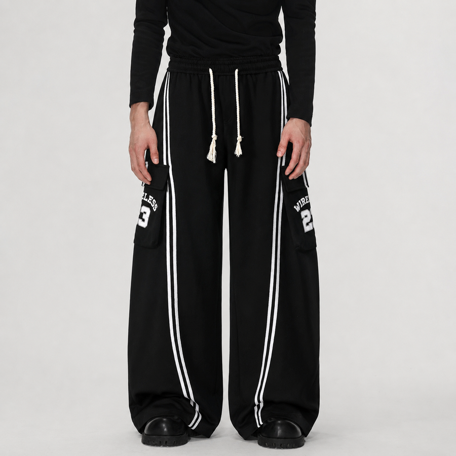 Cotton Web Stitching Letter Print Drawstring Barrel Pants