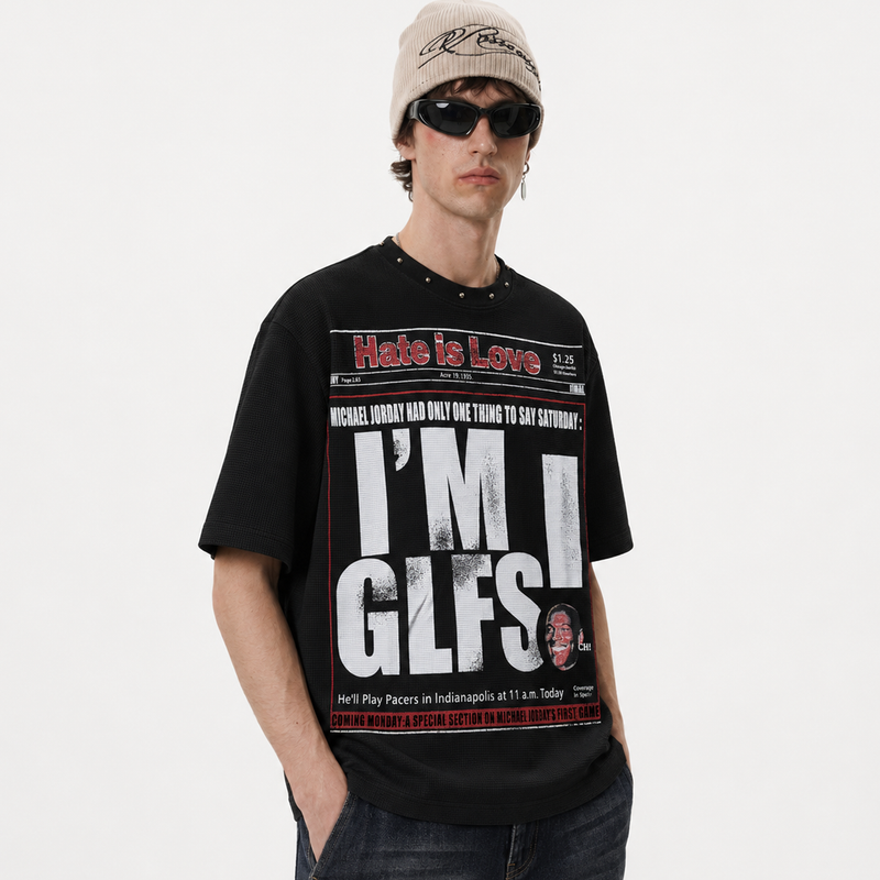 Oversized Newspaper Headline Waffle T-Shirt - Santo 