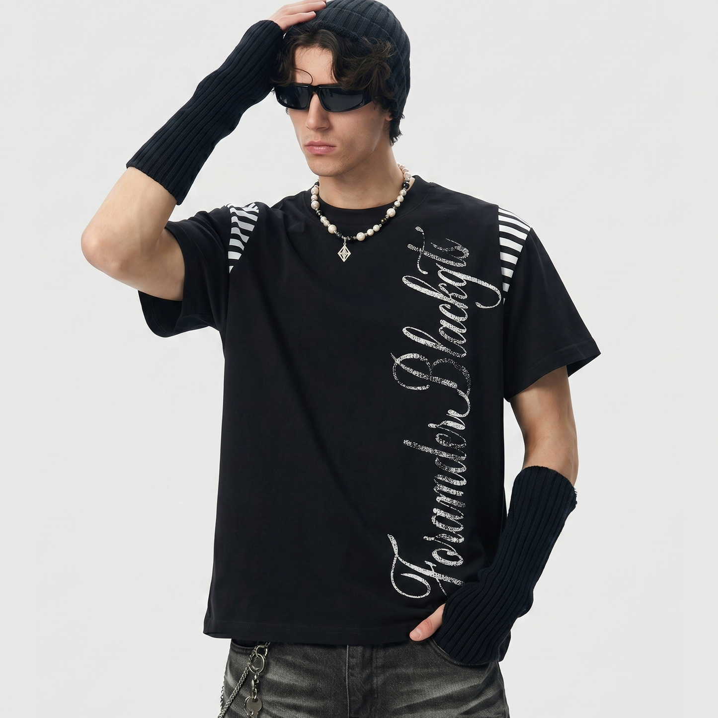 Streetwear Script Print Striped Patchwork T-Shirt