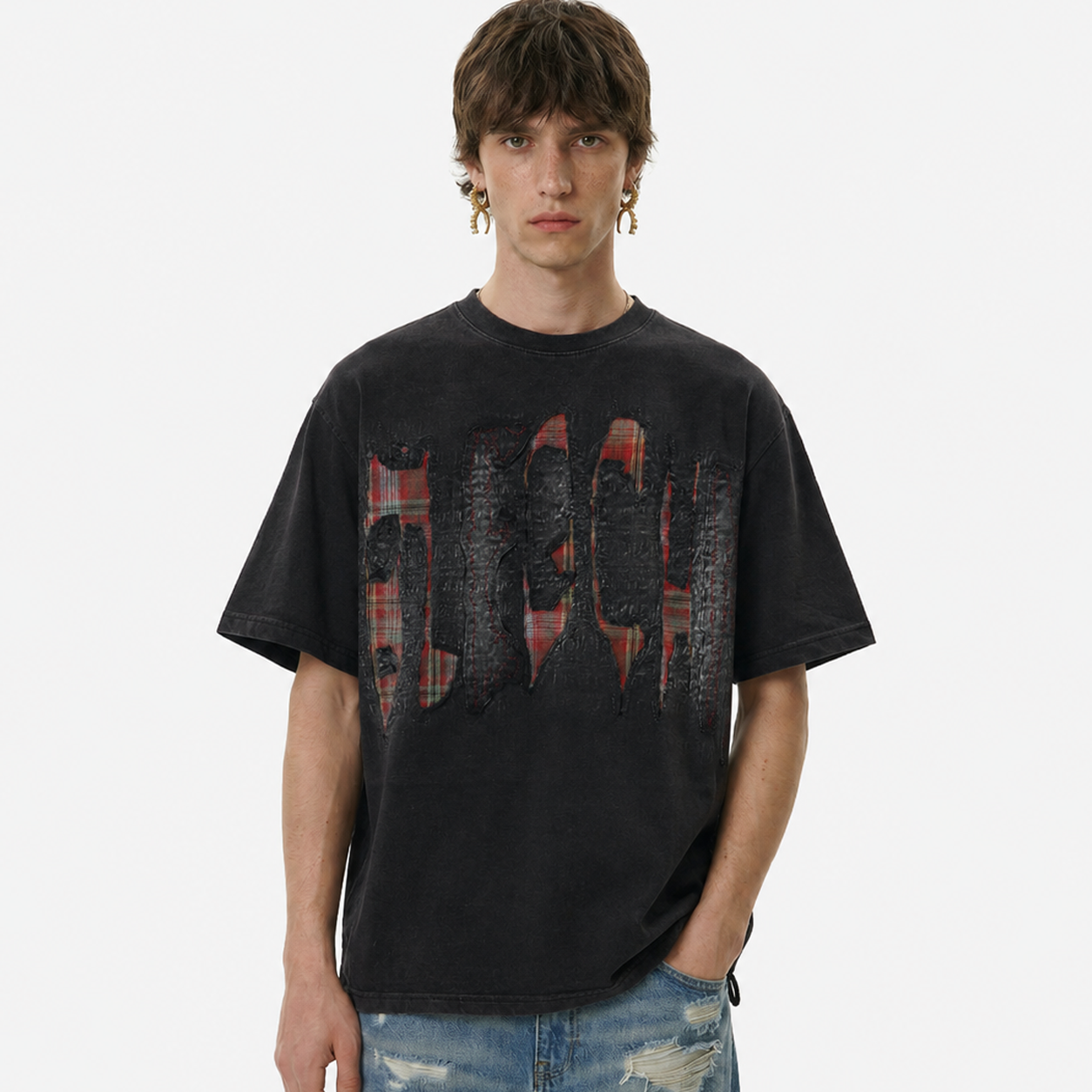 Oversized Plaid Patchwork Distressed T-Shirt