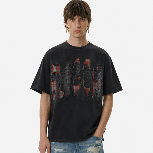 Oversized Plaid Patchwork Distressed T-Shirt