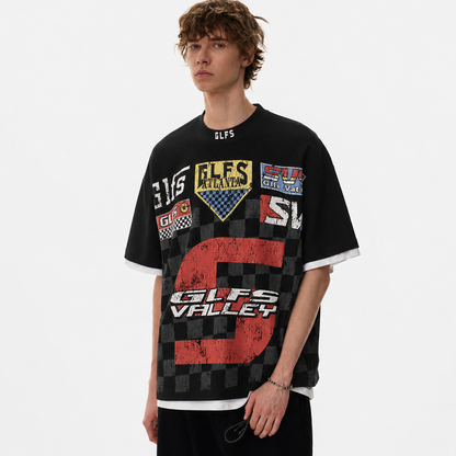 Waffle Knit Racing Checkered Flag Graphic T-Shirt