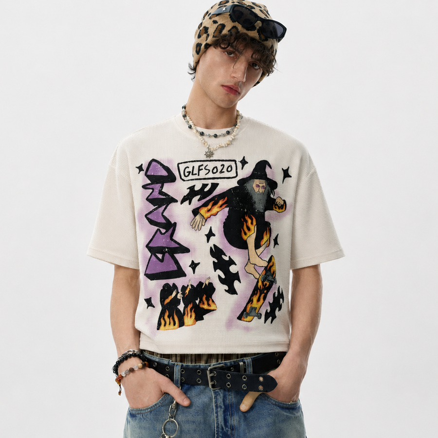 Waffle Knit Skate Wizard Flame Graphic T-Shirt
