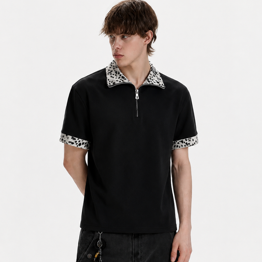 Leopard Trim Half Zip Polo T-Shirt