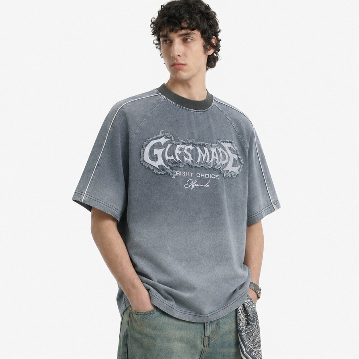 Raw-Edge Appliqué Acid-Wash T-Shirt - Santo 