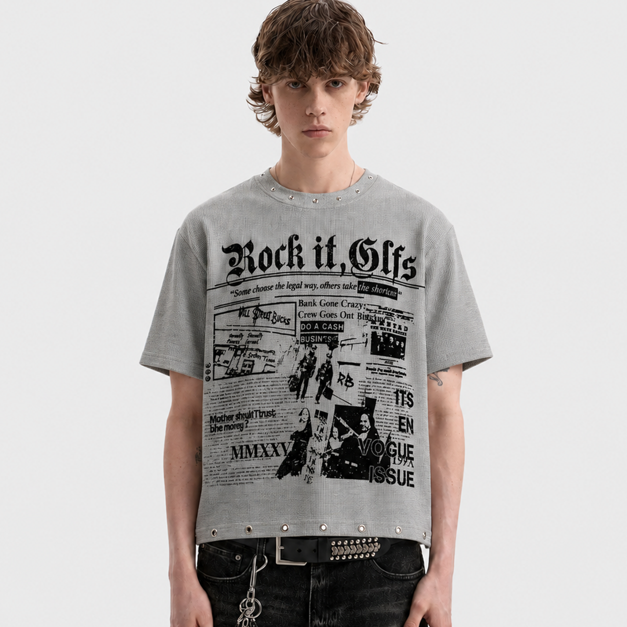 Oversized Newspaper Print Grommet Detail T-Shirt