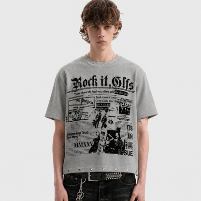 Oversized Newspaper Print Grommet Detail T-Shirt