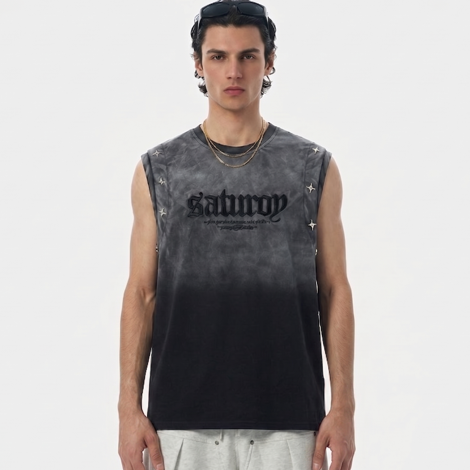 Jersey Knit Gradient Embroidered Stars Tank Top - Santo 