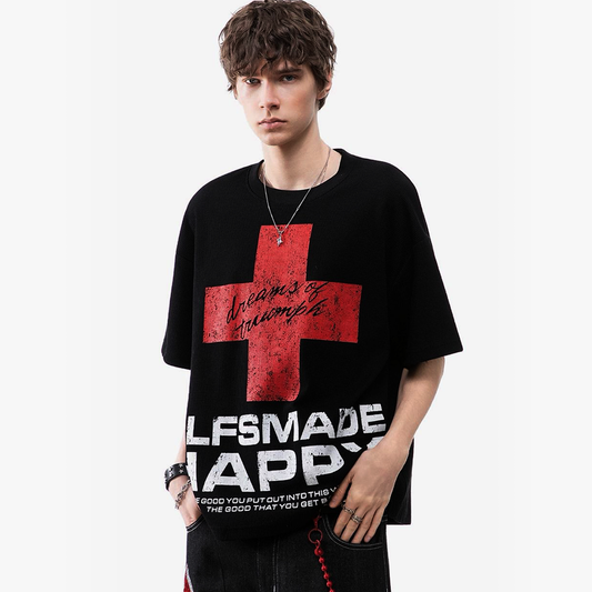 Oversized Red Cross Graphic Streetwear T-Shirt