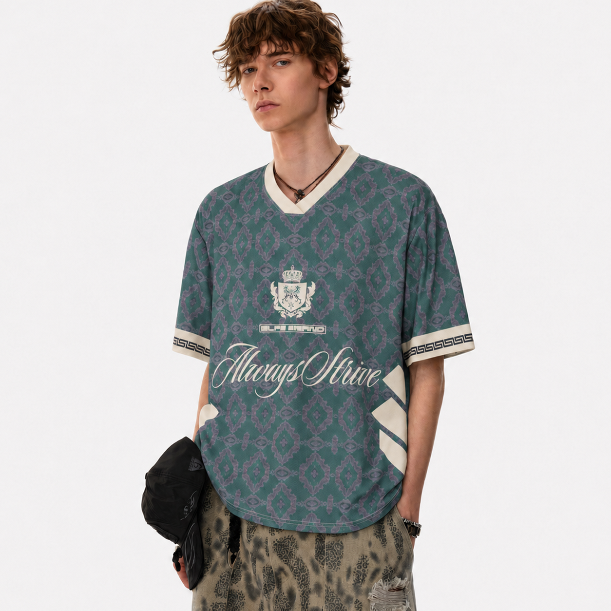 Always Strive Green Patterned Jersey V-Neck T-Shirt - Santo 