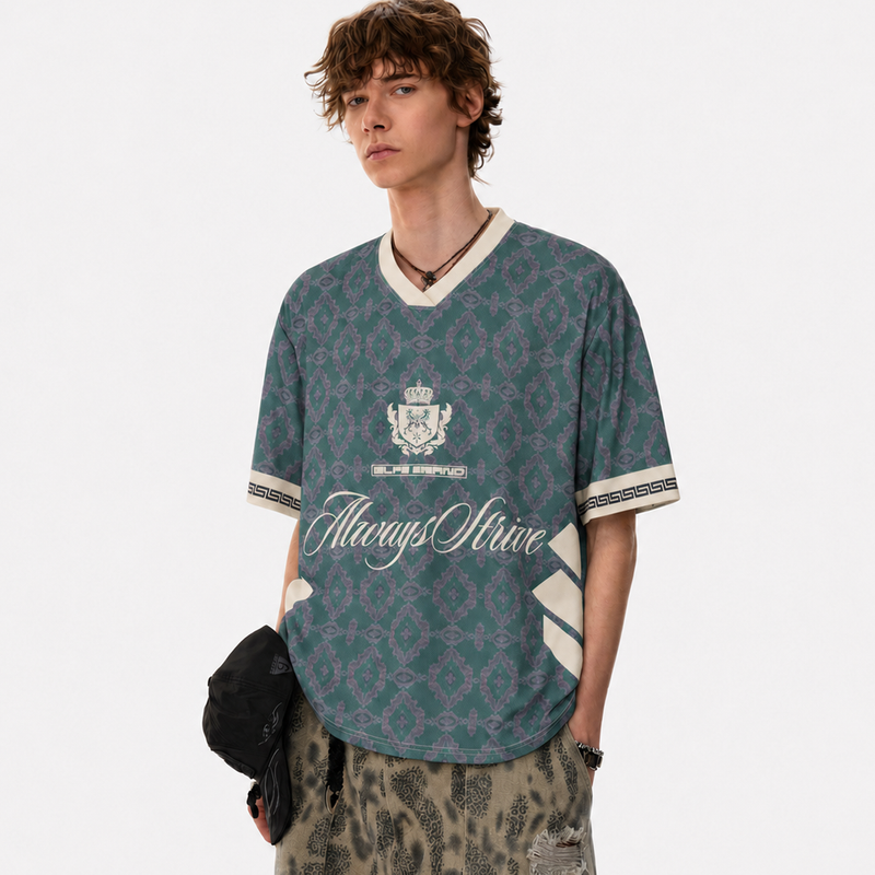 Always Strive Green Patterned Jersey V-Neck T-Shirt - Santo 