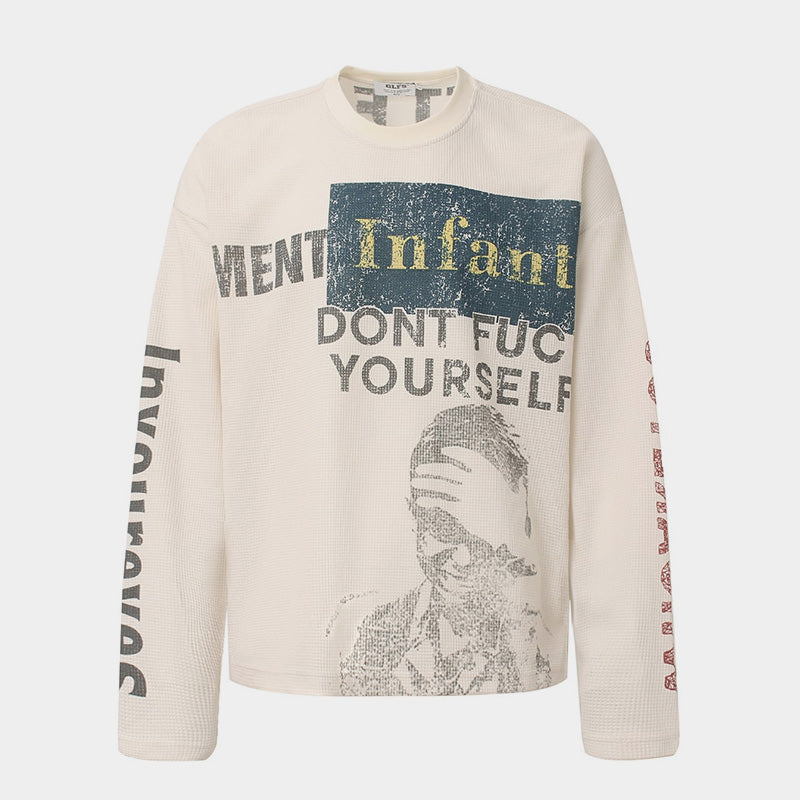 Waffle Knit Sweatshirt | Graphic Print Crewneck Pullover - Santo 