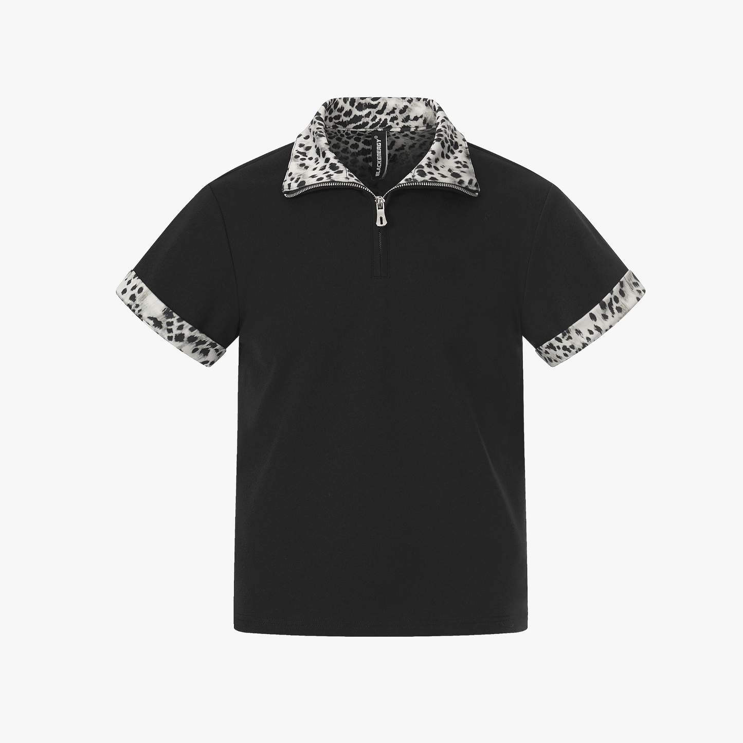 Leopard Trim Half Zip Polo T-Shirt