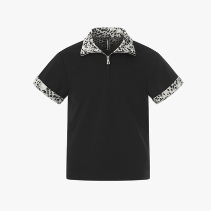 Leopard Trim Half Zip Polo T-Shirt