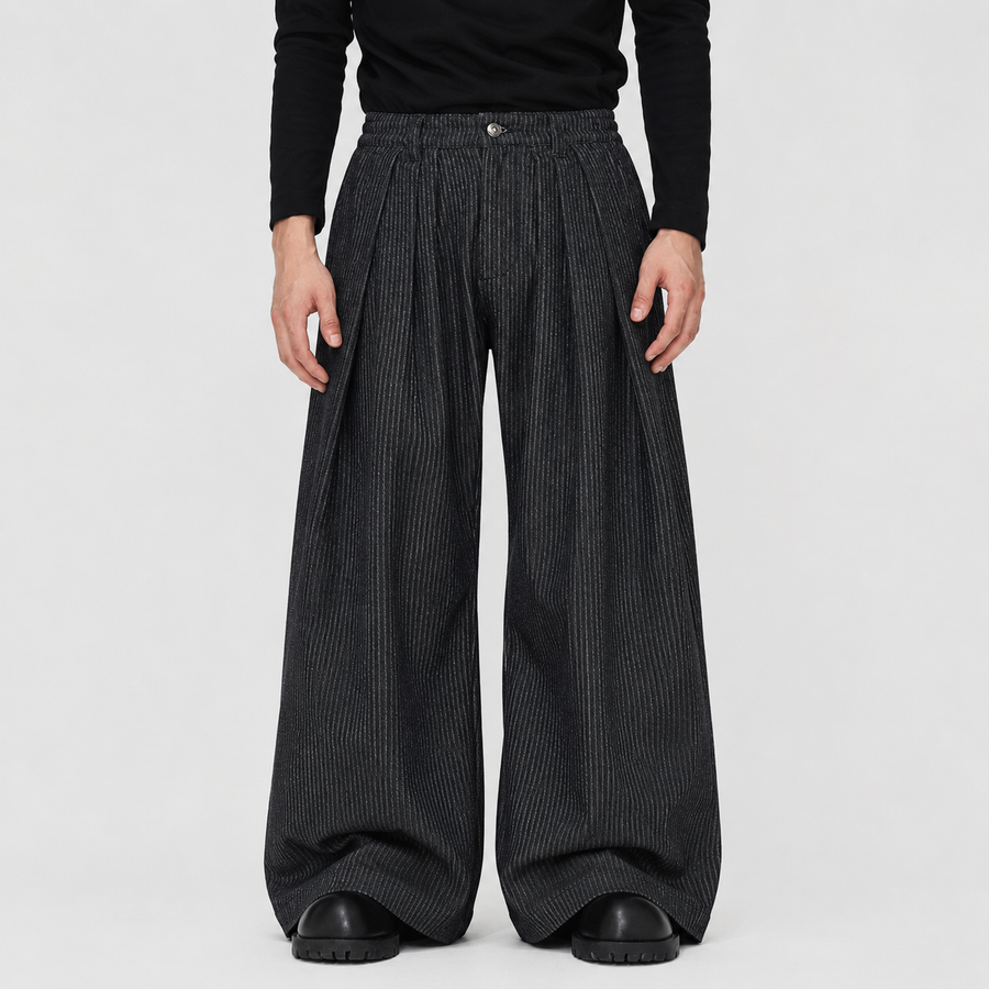 Vintage Pinstripe Pleated Wide-Leg Barrel Pants