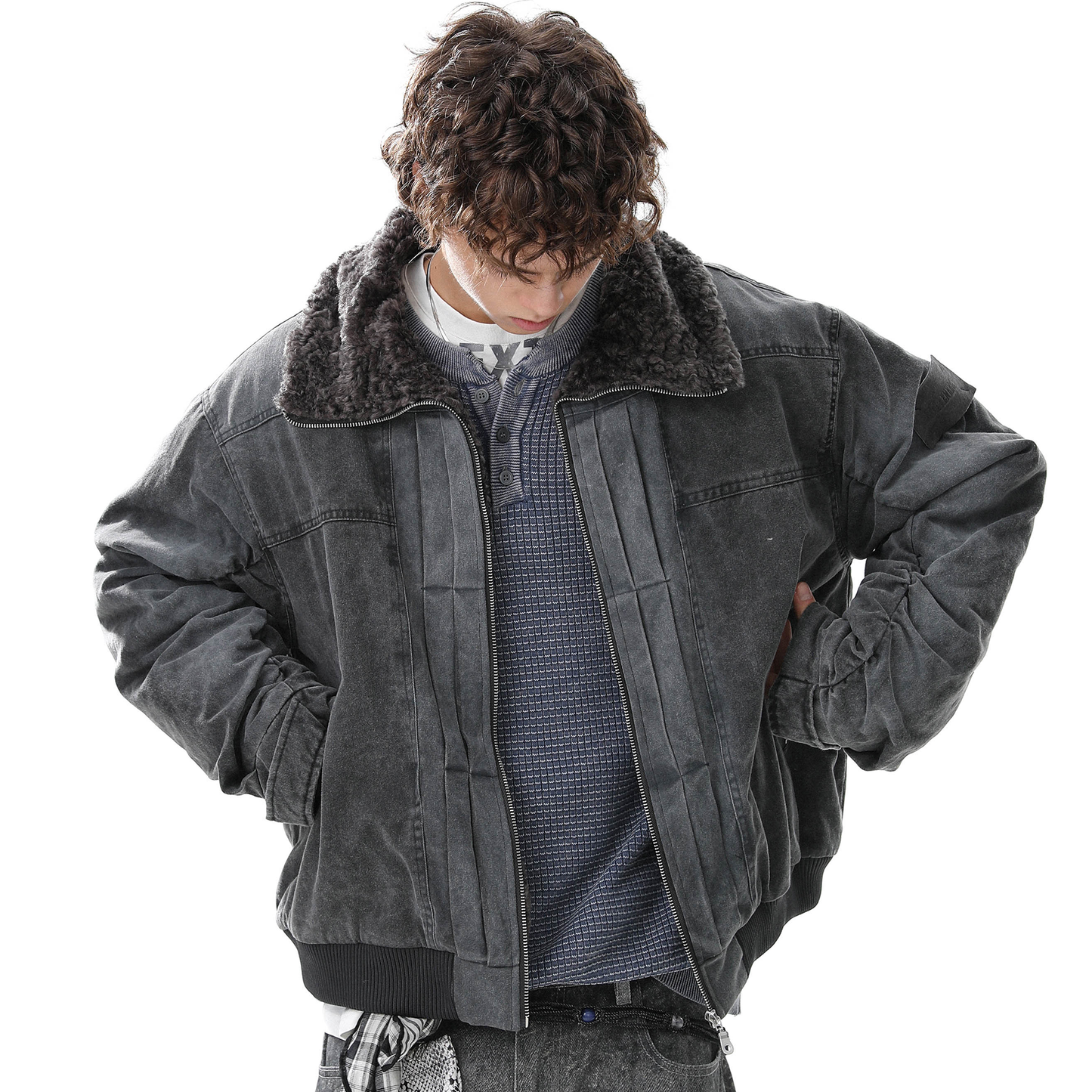 Vintage Distressed Pleated Shearling Collar Fleece Jacket - Santo 