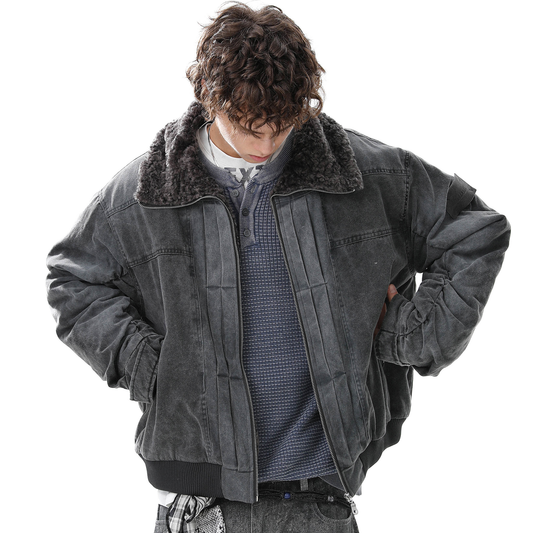 Vintage Distressed Pleated Shearling Collar Fleece Jacket - Santo 