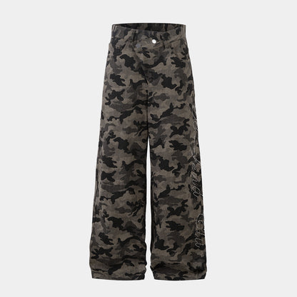 Y2K Vintage Wide Leg Pants | Camouflage Straight Denim Jeans - Santo 